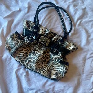 Y2k Leopard Print Shoulder Bag with Black Patent Trim
